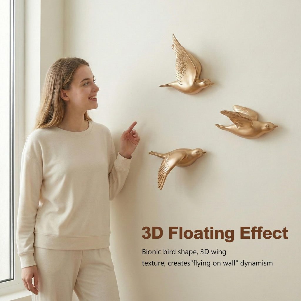 3D Birds Wall Decor Set of 3 Resin Wall Sculpture(Gold)