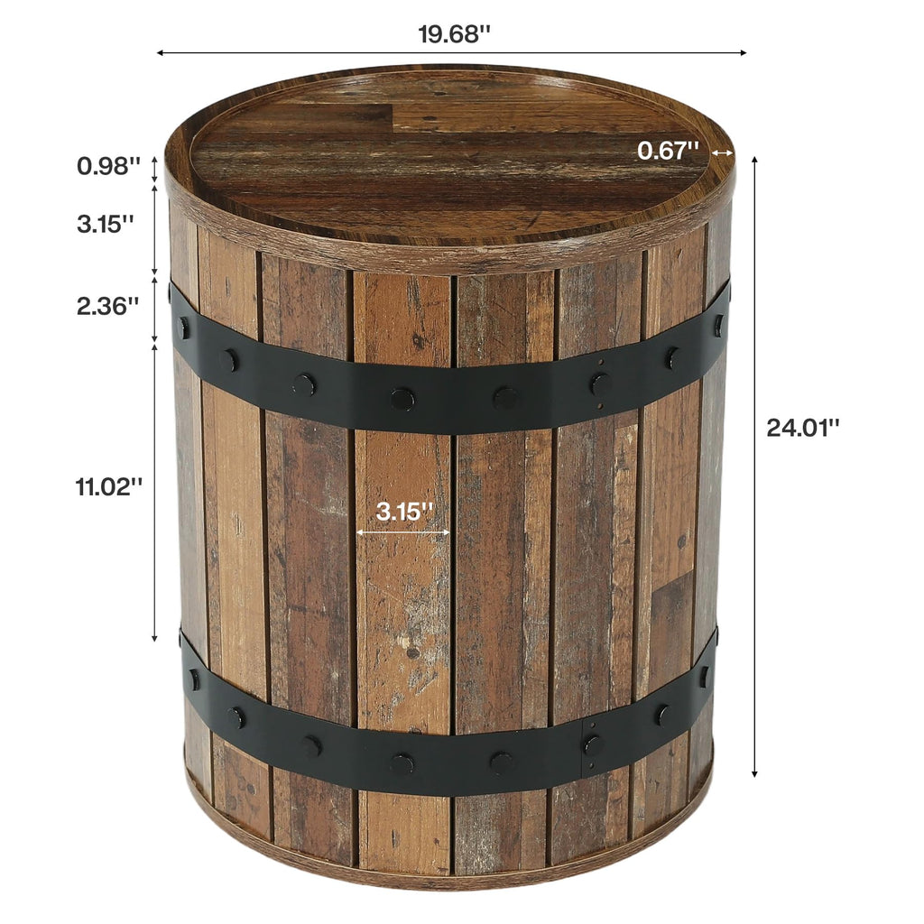 Barrel Side Table with Hidden Storage, 19.68" Farmhouse Round Rustic Wood End Table with Removable Lid, 24" Tall Sofa
