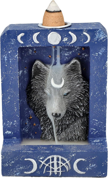 4" Tall Moon Phase Backflow Incense Burner for Spiritual Home Decor, Wolf Figurine