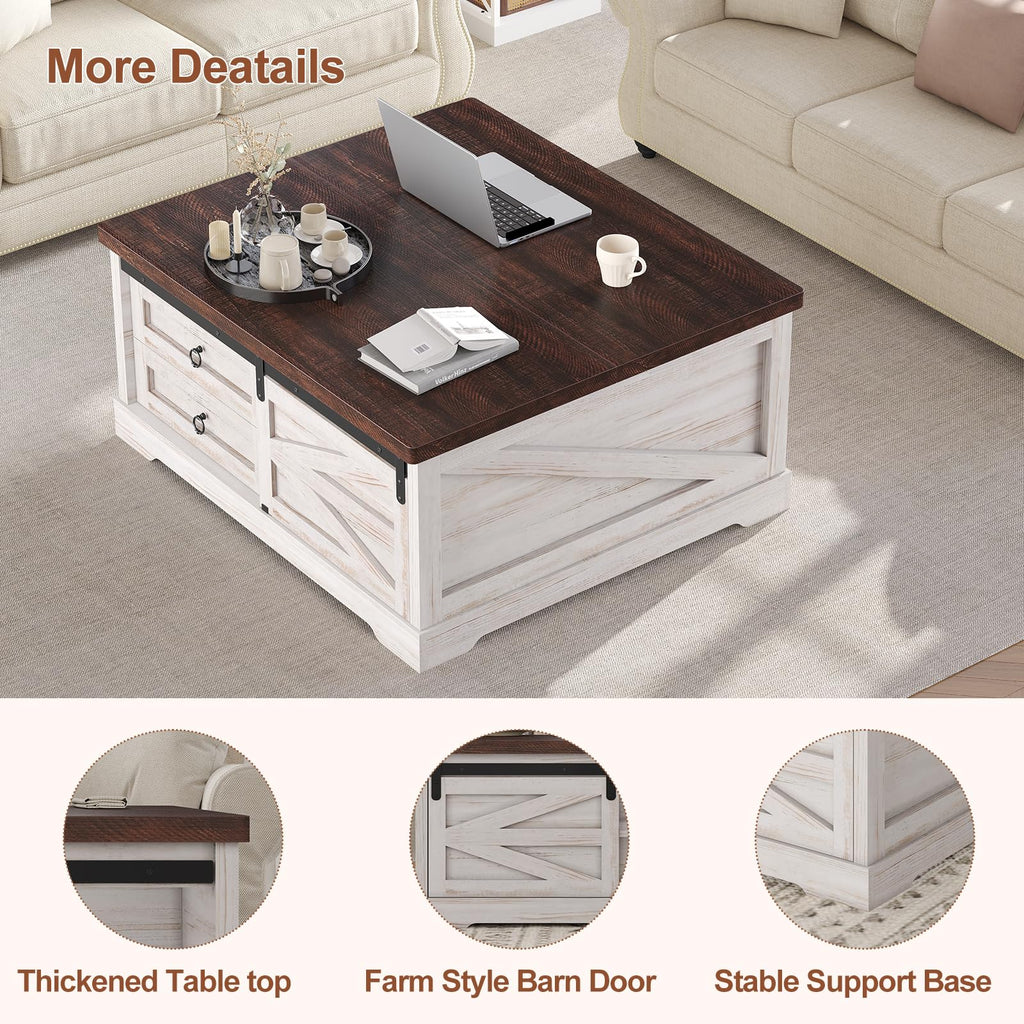 39.4'' Lift Top Coffee Table with Storage, Farmhouse Coffee Tables, Square Coffee Table with Large Hidden