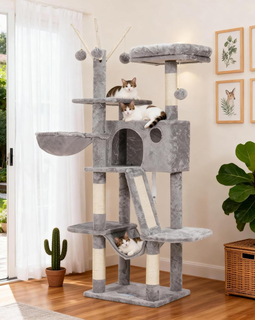 Cat Tree, 53 inch Cat Tower for Indoor Cats, Cat House with Padded Platform Bed, Toy Balls, Large Cozy Condo