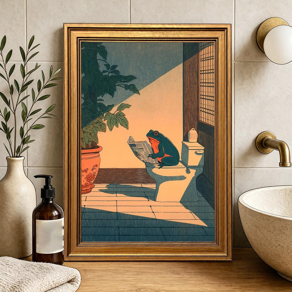 Vintage Gold Framed Bathroom Wall Art, Funny Japanese Frog Reading Newspaper on Toilet Pictures Wall Decor, Whimsical