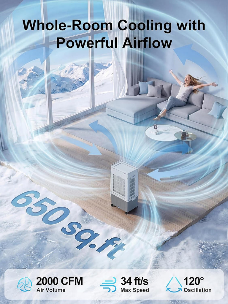 2026 Upgraded 2000CFM Swamp Cooler, Evaporative Air Cooler with 3-Sided Cooling Pad, 6 Gal Detachable Water Tank