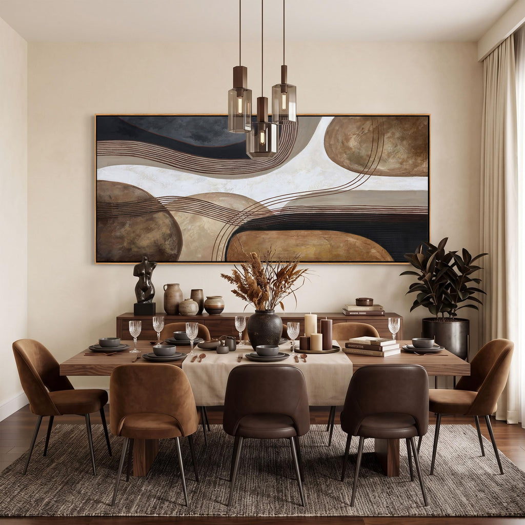 Large Brown and Black Abstract Canvas Wall Art - Modern Framed Artwork, Minimalist Neutral Bedroom Wall Decor Above