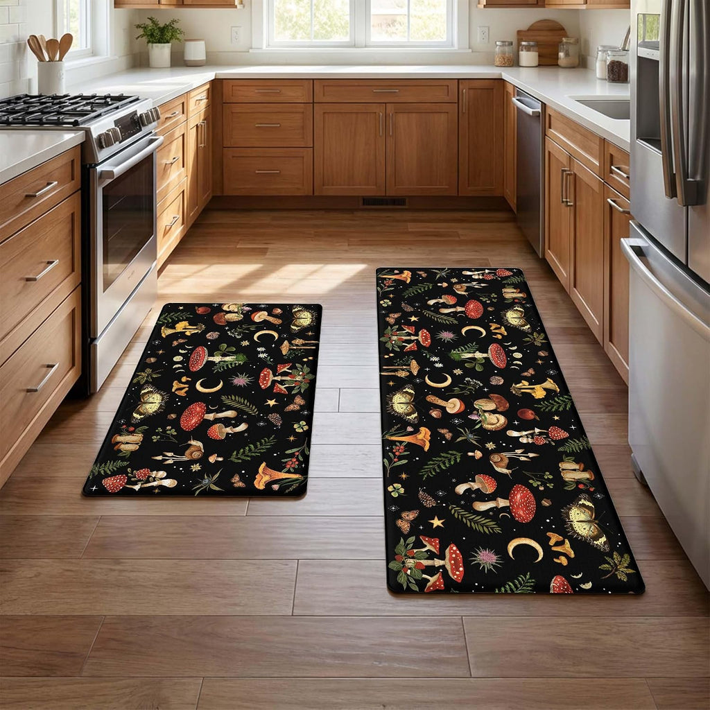 Mushroom Rug Kitchen Mats for Floor Cushioned Anti Fatigue Kitchen Rugs Sets of 2, Non Slip Waterproof Black Kitchen