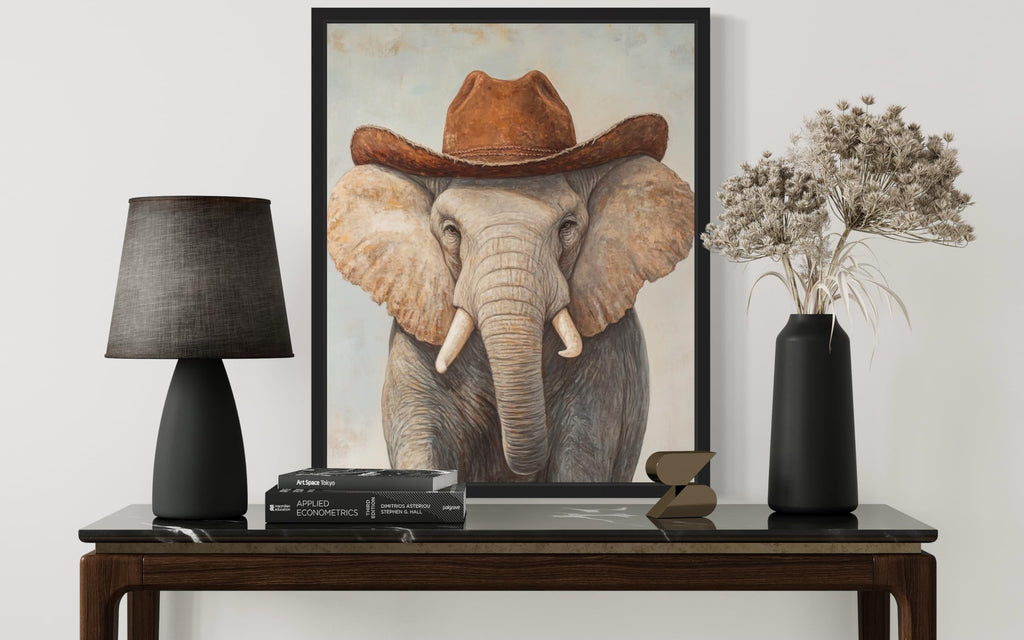 Elephant Cowboy Black Framed Art Print Poster Wall Art, Western Country Farmhouse Wild West Art Decor 58 (Elephant