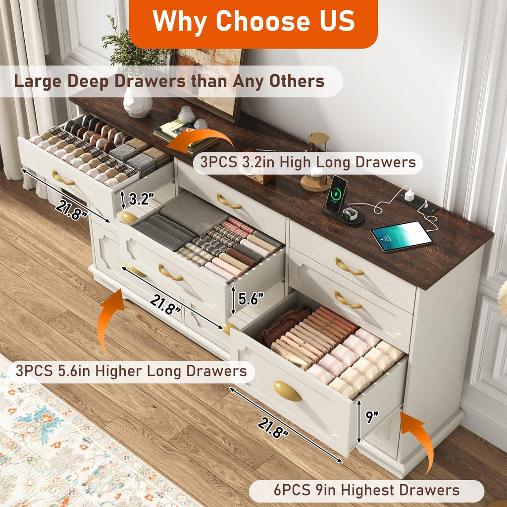 70inch Large Long w/Charging Station, 12 Drawer w/Deep Big Drawers, Wooden Chest of Drawers w/Power Outlet, White