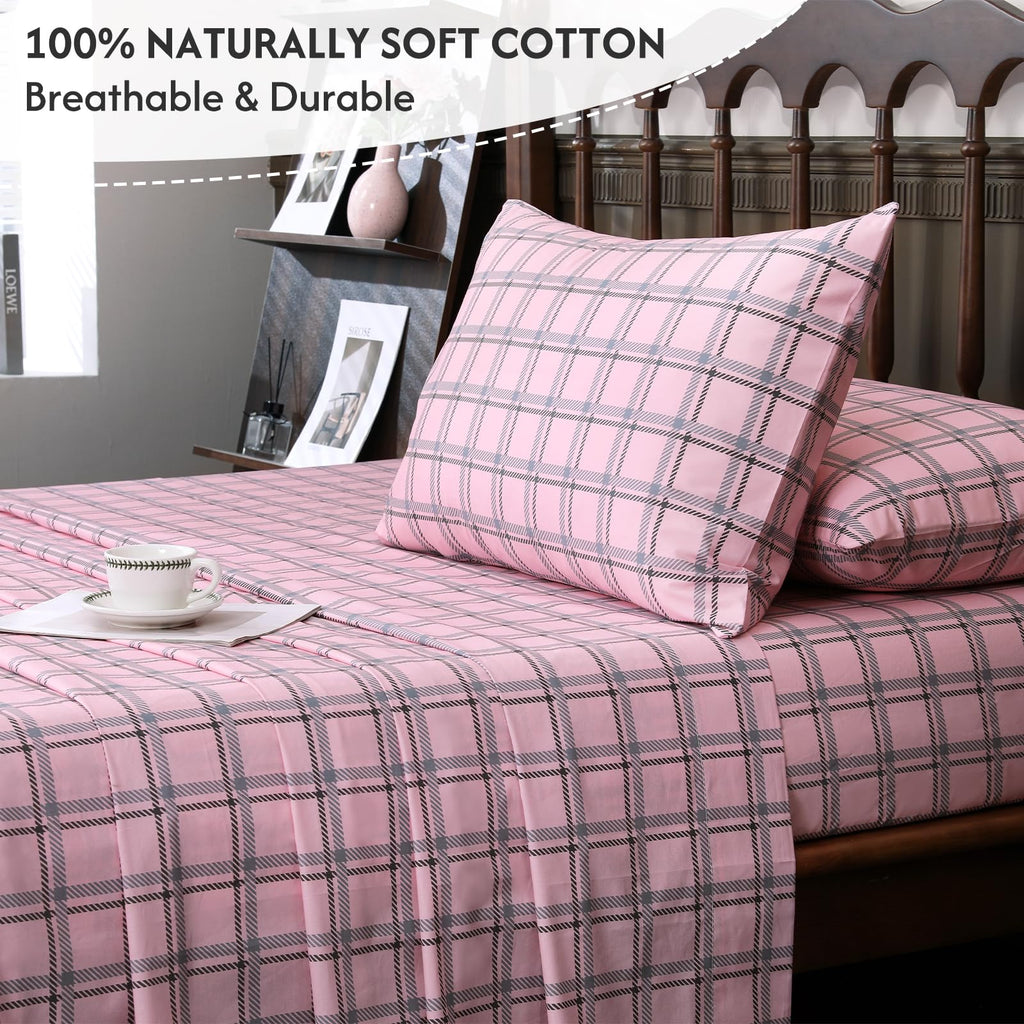 100% Percale Cotton King Sheet Set, Pink Gingham Cotton Sheets 4PC
