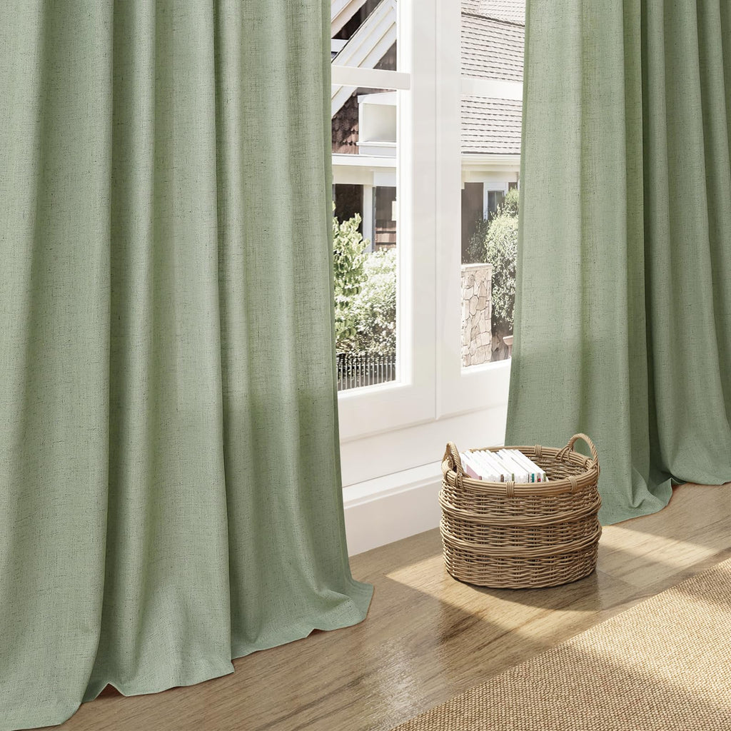Extra Long Light Sage Linen Curtains 120 Inch 2 Panels Set Rod Pocket Back Tab Soft Linen Window Drapes Semi Sheer