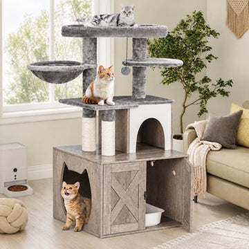 Litter Box Enclosure with Cat Tree, Cat Tree with Litter Box Enclosure, Hidden Pet Washroom Furniture with Sisal