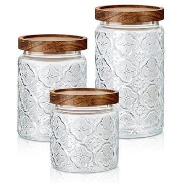 3 Pcs Glass Jars Wood Lids, 17/24/34 Oz Airtight Canisters, Round