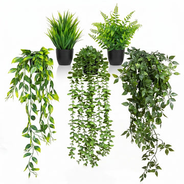 5 Pack Fake Plants - Artificial Hanging Plants & Small Potted Faux Eucalyptus Fern Ivy, UV Resistant