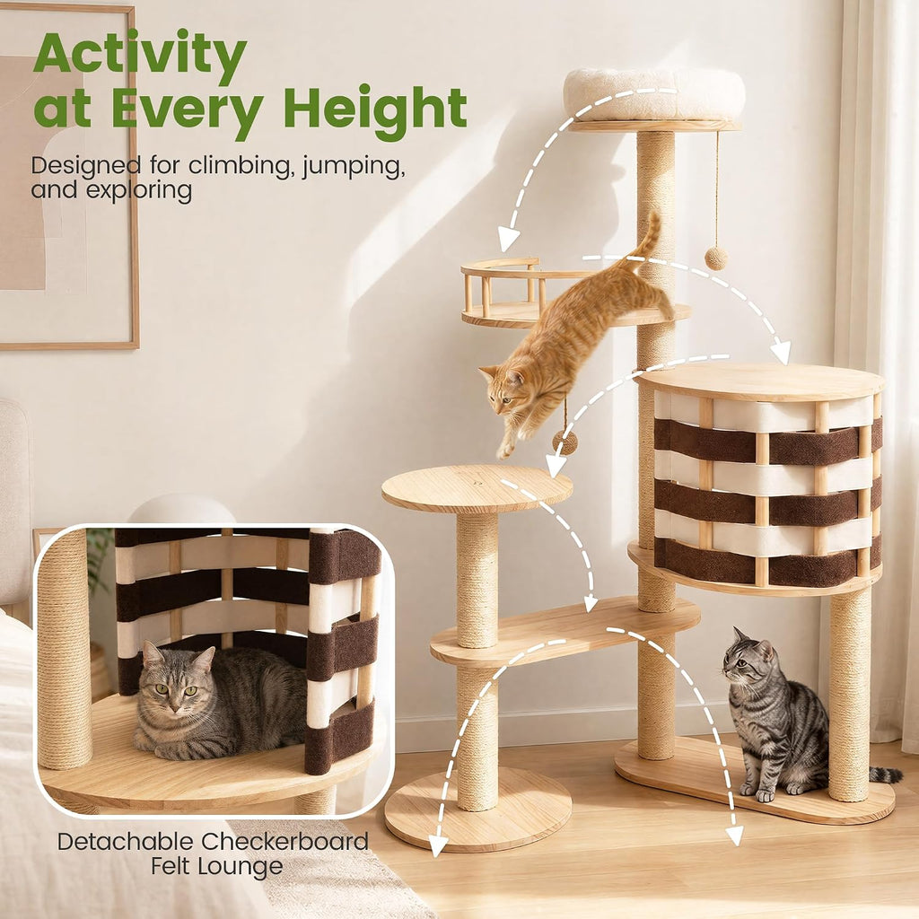 48 Inch Chessboard Solid Wood Cat Tree, Modern Cat Tower for Indoor Cats