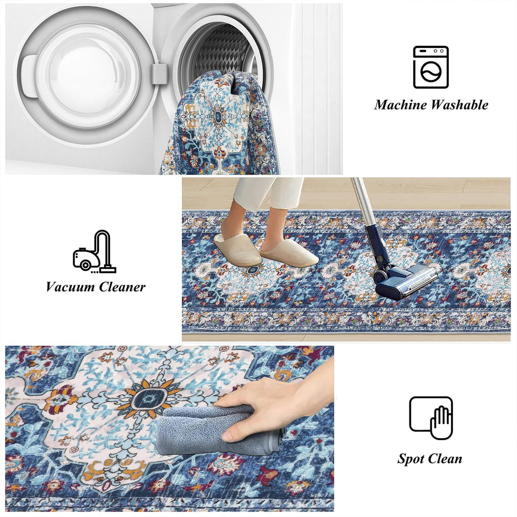2'x14' Boho Hallway Runner Rug Non Slip Washable Runners, Blue