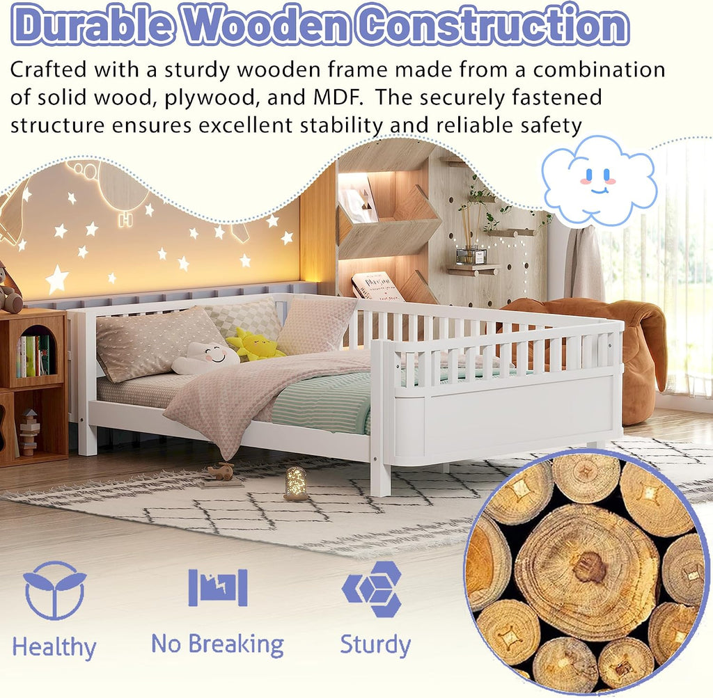 Bed Frame for Kids with Rails, Low Profile Montessori Bed with Detachable Side Rail, Solid Pine Wood Kids