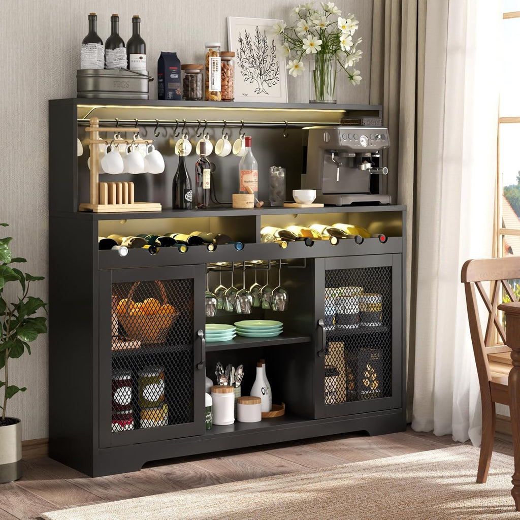 Wine Bar Cabinet with LED Light, Liquor Cabinet with Glass Holder, Coffee Bar for Liquor, Storage Buffet with Wine