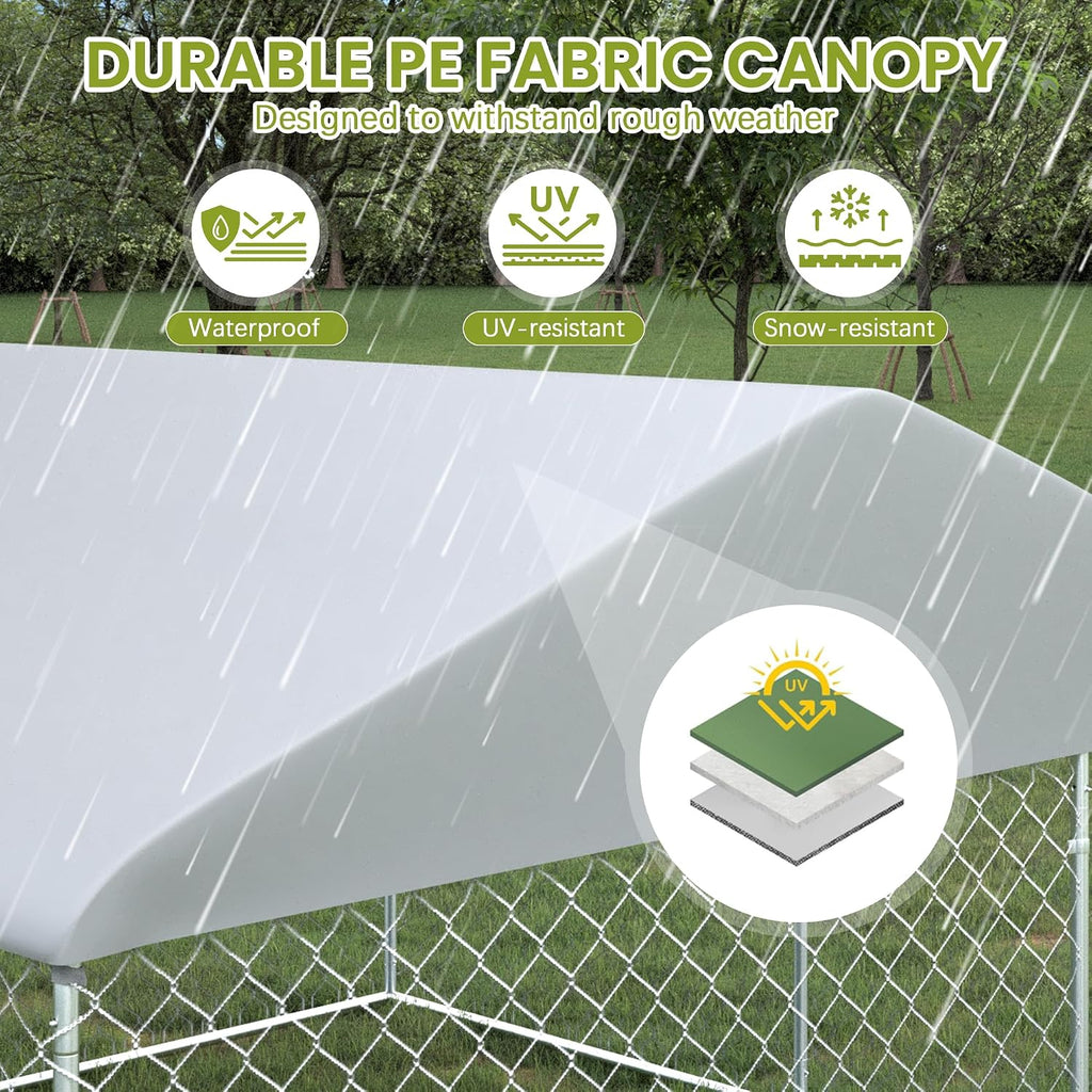 10FT x 10FT Outdoor Dog Kennel with Roof, Outside Dog Run Fence with Rotated Dog Bowls, Large Dog House Pen Enclosure