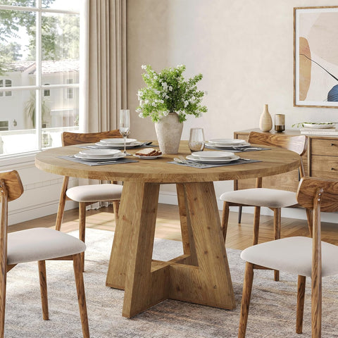 Solid Wood Round Dining Table, 47" Farmhouse Kitchen Table for 4-6, Wooden Circle Dinner Table for Dining Room