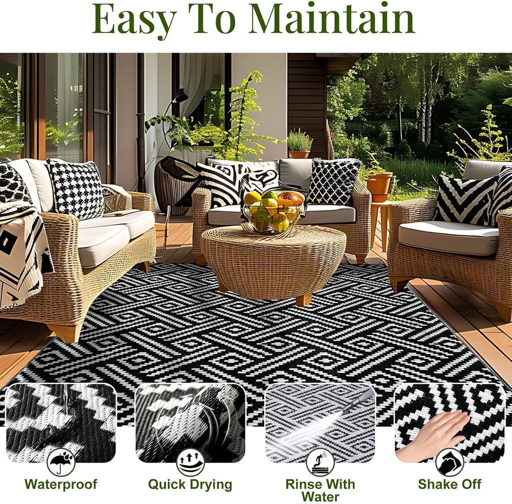 Outdoor Rug, Plastic Straw Rug, White & Black