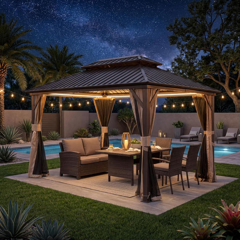 10' x 12' Hardtop Gazebo Permanent Metal Gazebo with Galvanized Steel Double Roof, Curtains and Netting for Party