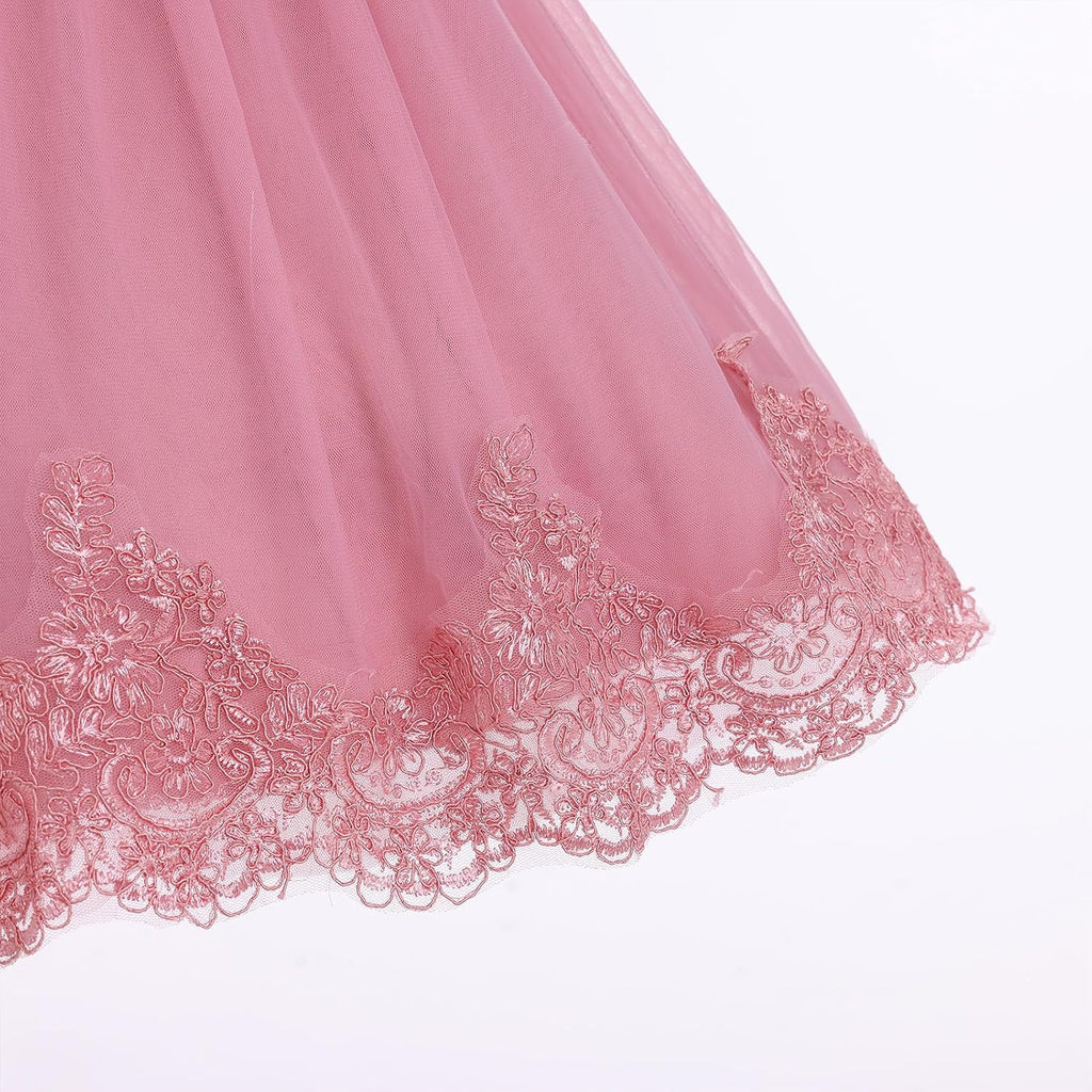 Toddler Baby Flower Girl Dress Pearl Lace Tulle Tutu Dress Headband Birthday Party Wedding Formal Pageant Gown