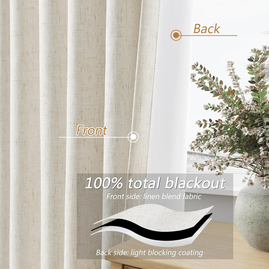Extra Long 100% Blackout Linen Curtains 116 Inches Cream