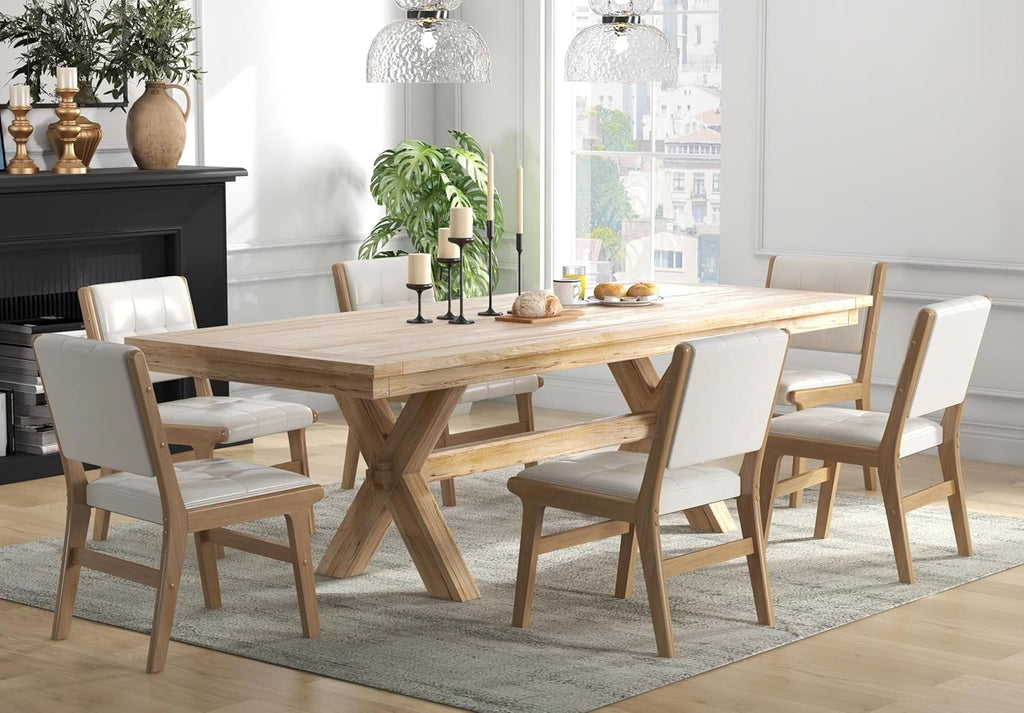 Modern PU Leather Dining Chairs Set of 2, Upholstered Kitchen Chairs with Solid Wood Legs and Comfortable Seat for Dining Room or Bedroom, White
