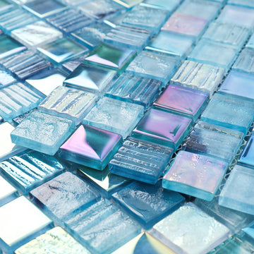 Pool Glass Mosaic Tiles, Iridescent Aqua, 1 Inch Sqaure, 5 Sheets