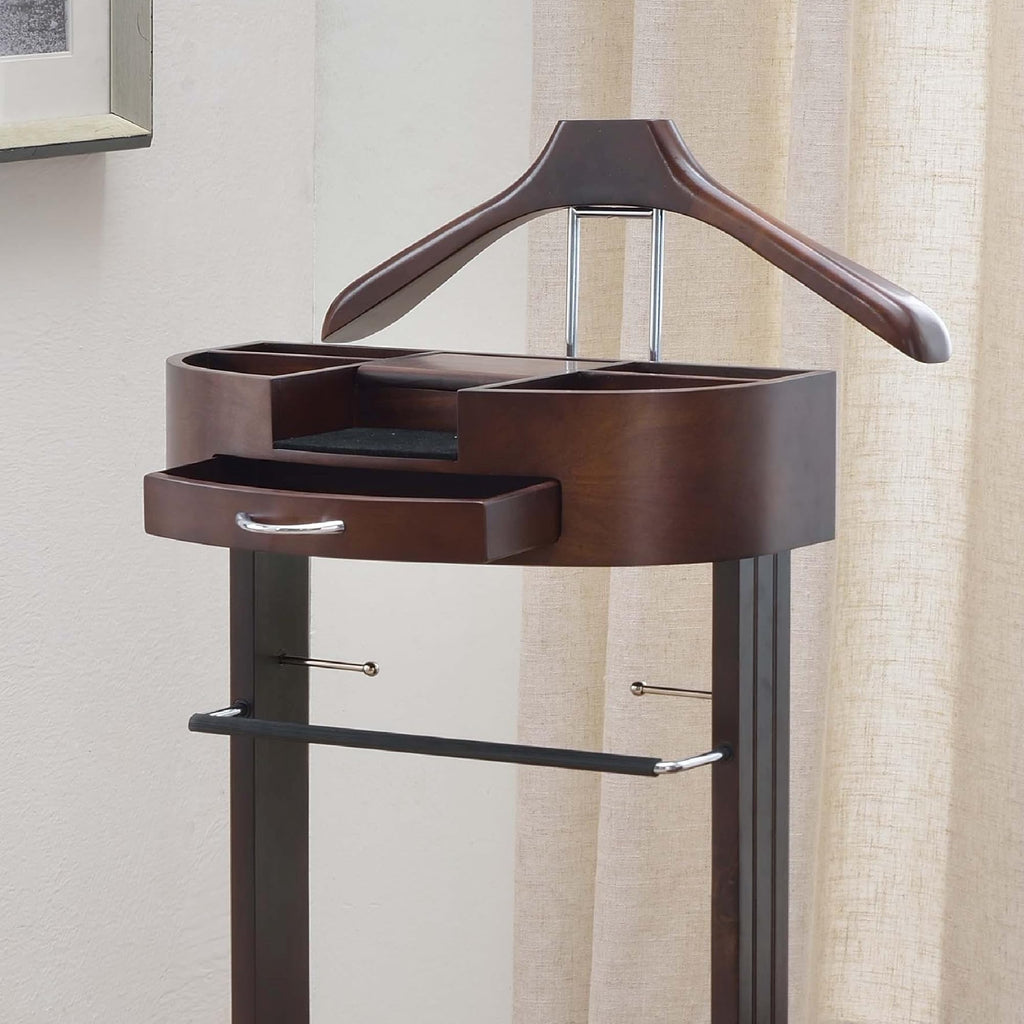 Wooden Suit Valet Stand for Men with Drawer and Shoe Rack