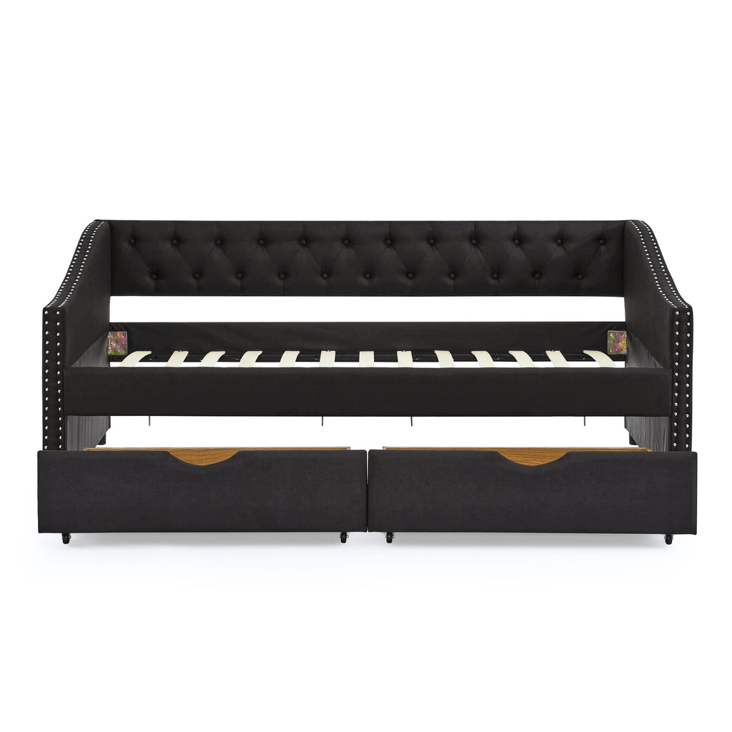 Twin Size Upholstery Daybed with 2 Drawers and Headboard, Mid-Century Style Tufted Sofa Bed with Button on Back, Easy