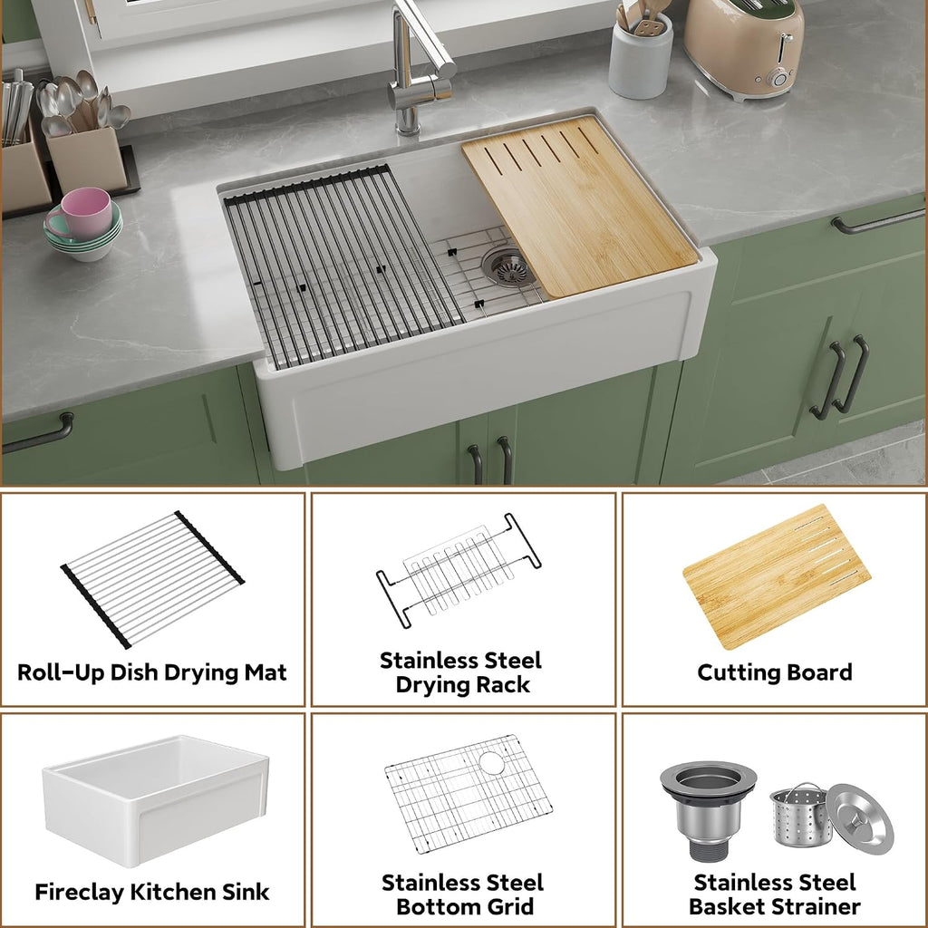 White Farmhouse Sink Fireclay Apron Front Kitchen Sink Single Bowl Kitchen Sinks, 33x20x10 Deep Workstation Sink with