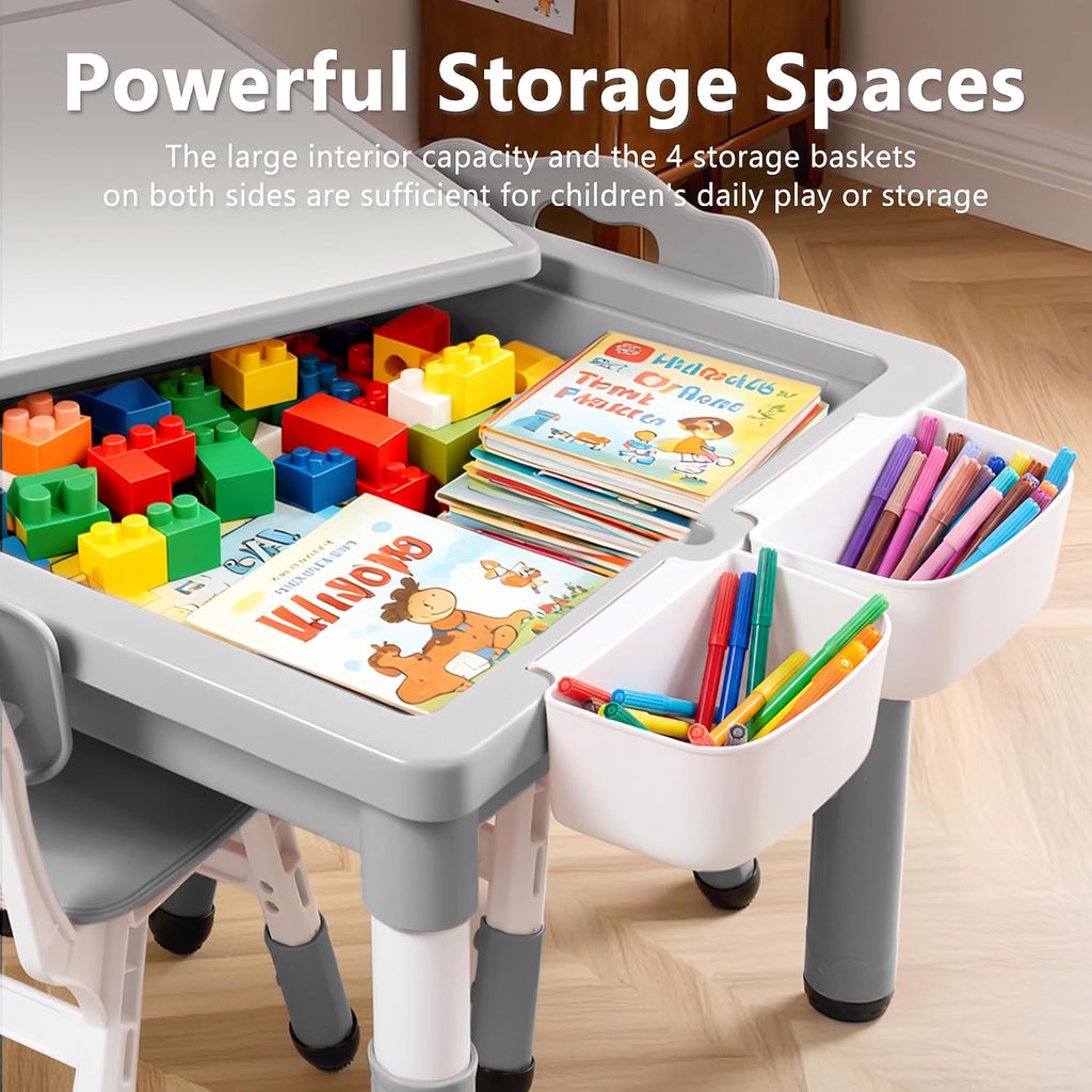 Kids Table & 2 Chairs Set, Adjustable Heights, Storage, Grey