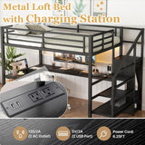 Full Metal Loft Bed with L Shaped Desk and Wardrobe, Heavy Duty Loft Bed Frame with Storage Stairs