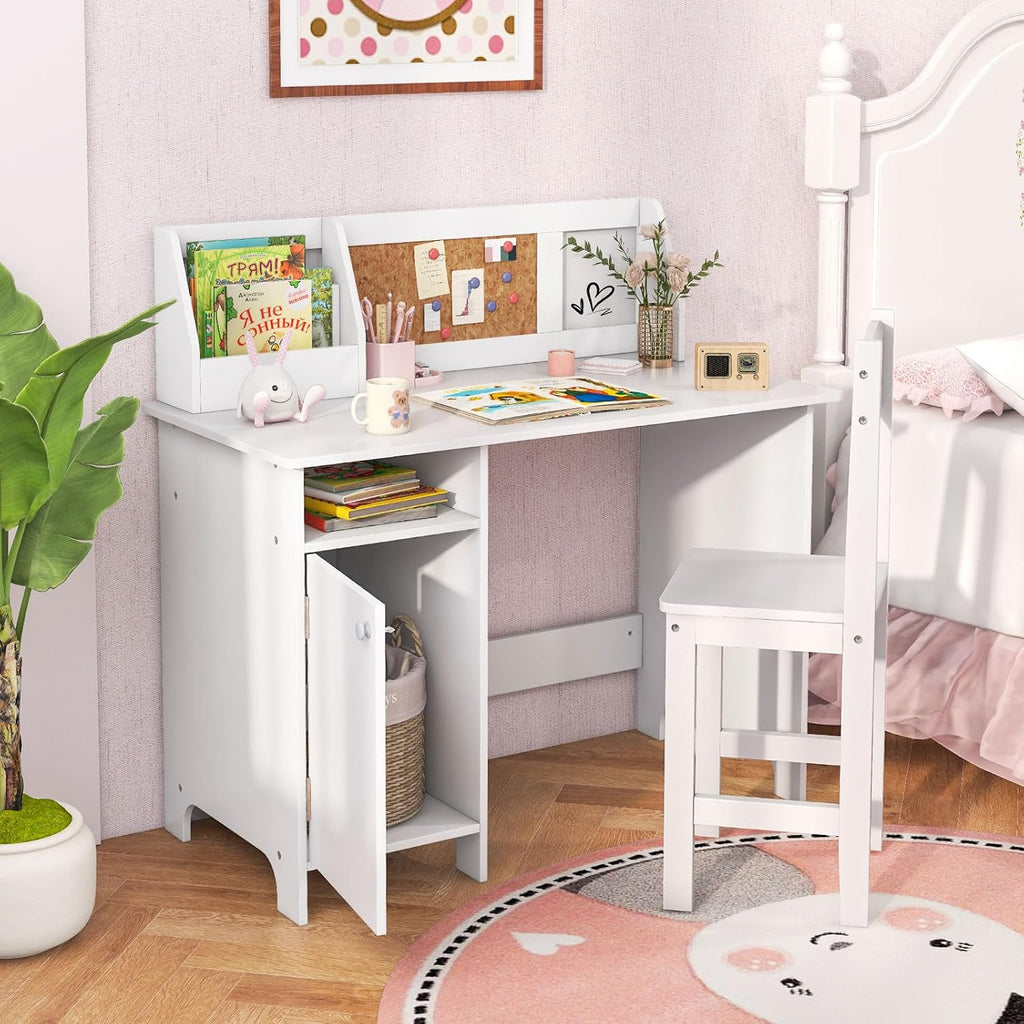 Kids Desk and Chair Set, Wooden Children School Study Table and Chair w/Whiteboard, Hutch, Storage Shelves, Student
