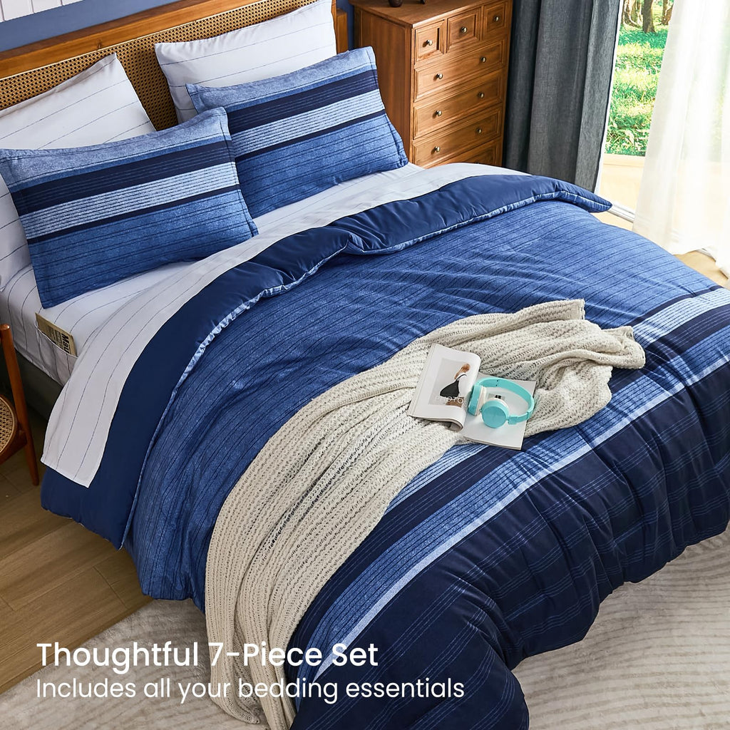 Navy Blue Comforter Set, 7 Pieces Striped Bed in a Bag