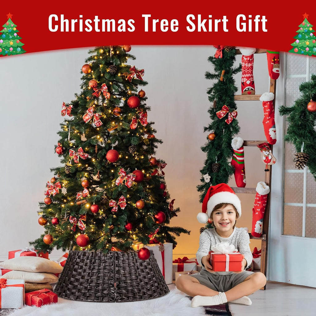Christmas Tree Collar for 7.5ft Trees, 28" Brown Wicker 4-Piece