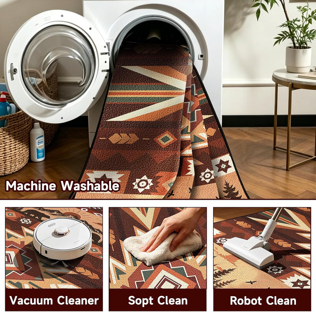 Western Aztec Area Rug, 5x7 Vintage Rustic Cabin Bear Deer Southwest Tribal Rugs, Machine Washable Non‐Slip Stain