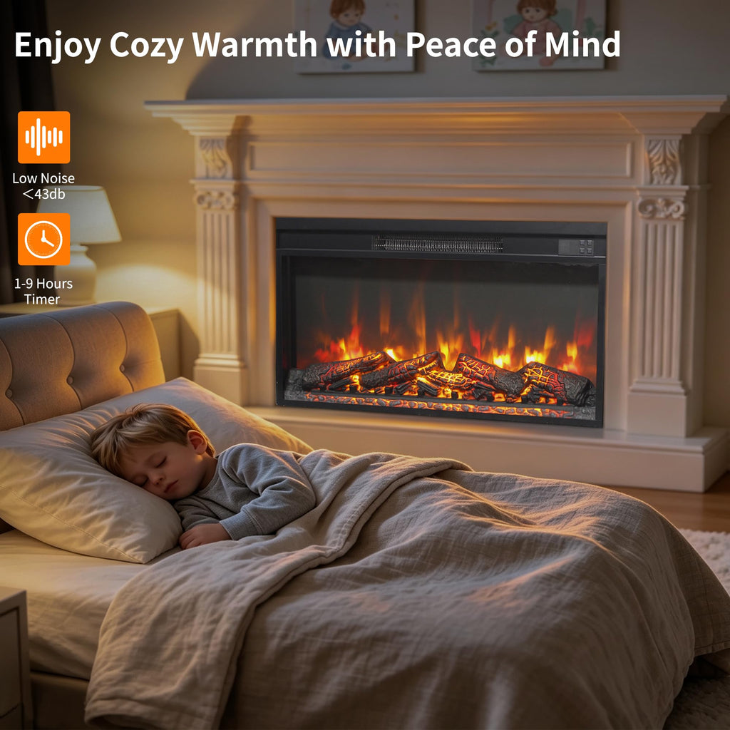 30" Electric Fireplace Insert, Realistic Flame & Log Set, 4-Level Brightness, 1400W Fireplace Heater with Thermostat