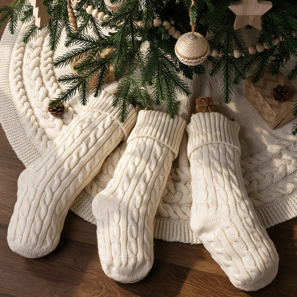 18 Inch Christmas Stockings, Set of 6 Classic Cream White Cable Knitted Stockings with Velvet Ribbon Loop Bows