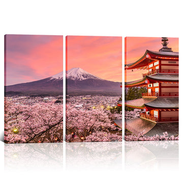 3 Panels Landscape Wall Decor Japan Chureito Pagoda And Mt. Fuji In The Spring With Cherry Blossoms Scenery Painting