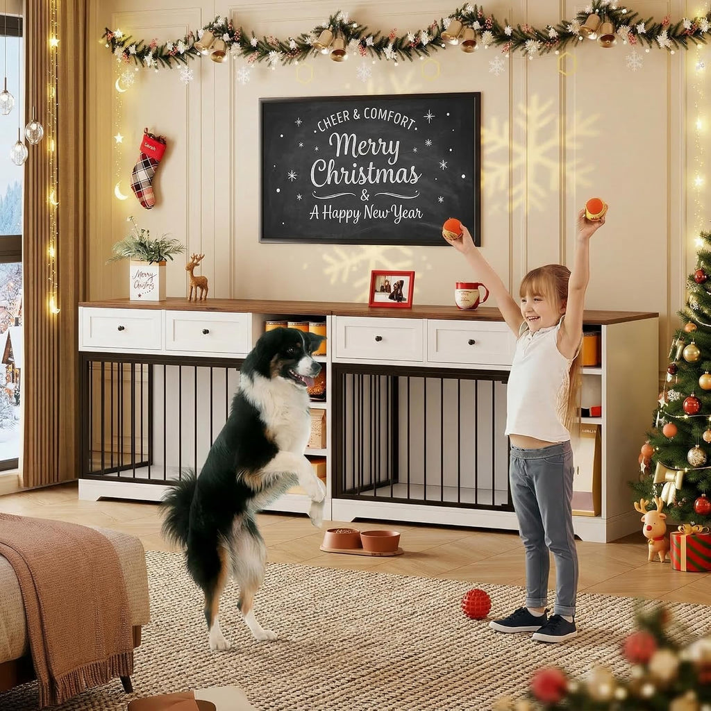 Dog Crate Furniture, Wooden Dog Crate End Table with Storage Drawers, Two-Door Dog Kennel Furniture for Small Dogs