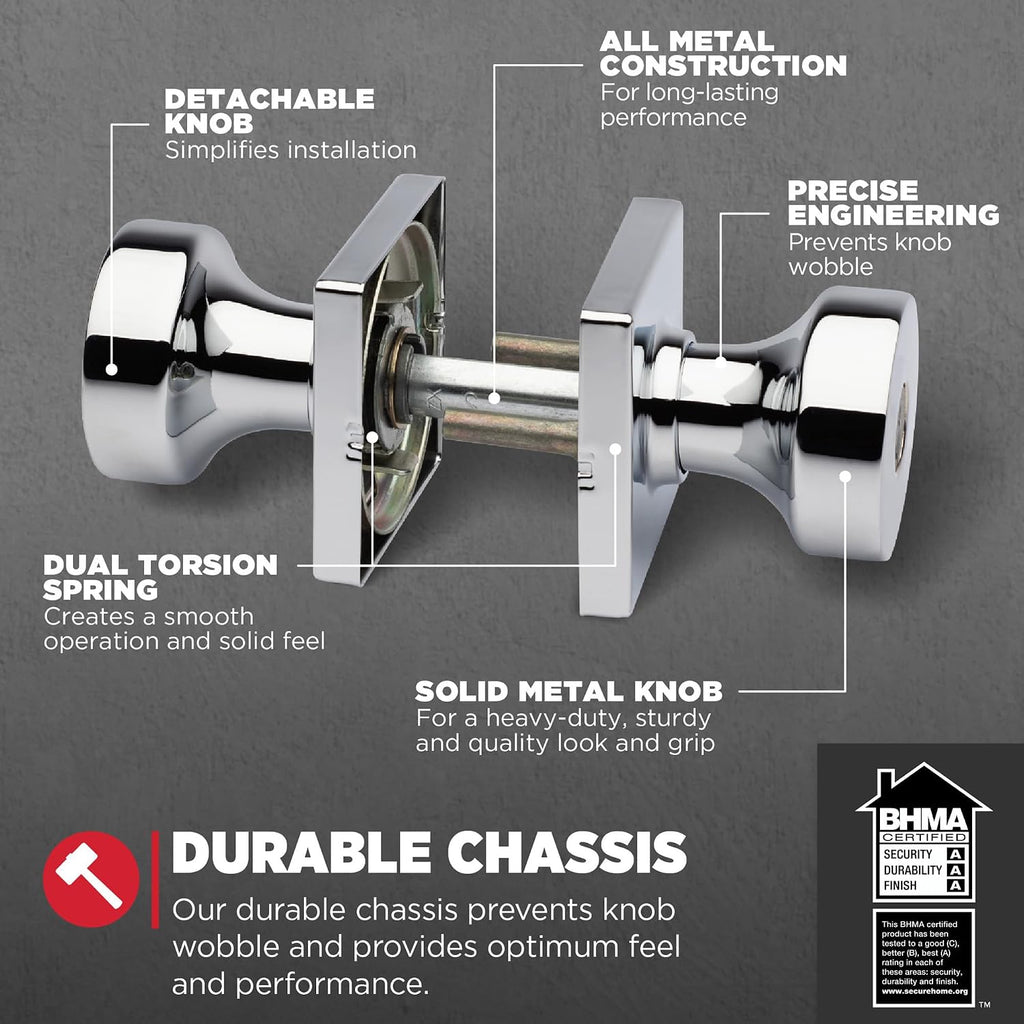 Pismo Entry Door Knob with Lock and Key, Secure Keyed Handle Exterior, Front Entrance and Bedroom, Polished Chrome, 4
