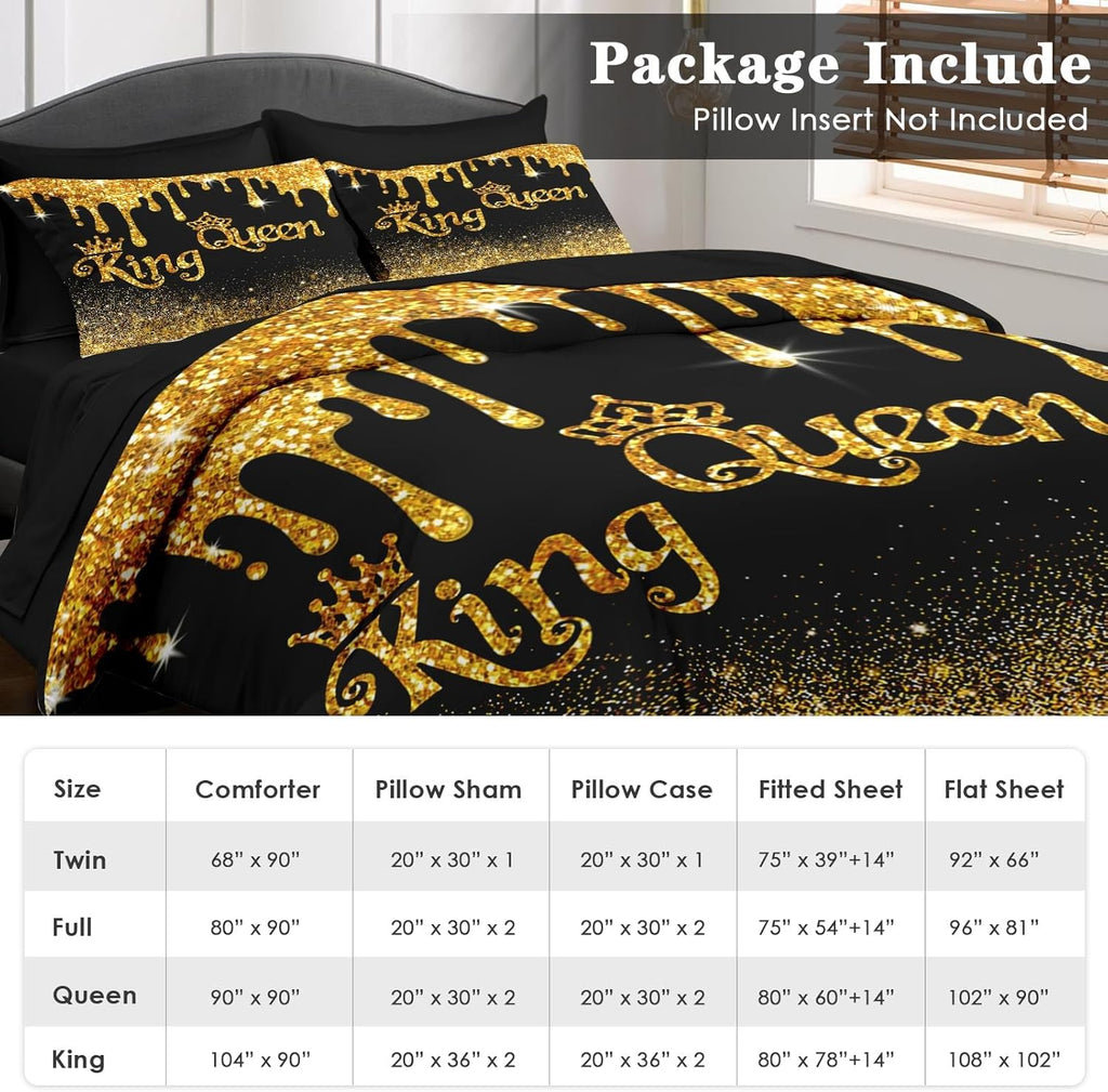 Comforter Set Queen, King Queen Black Gold Crown 7 Pcs Bedding for Kids and Adults