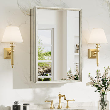 16 x 24 Medicine Cabinet Mirror, Assembly Required, Brushed Nickel Mirror Medicine Cabinet Bathroom, Beveled Aluminum