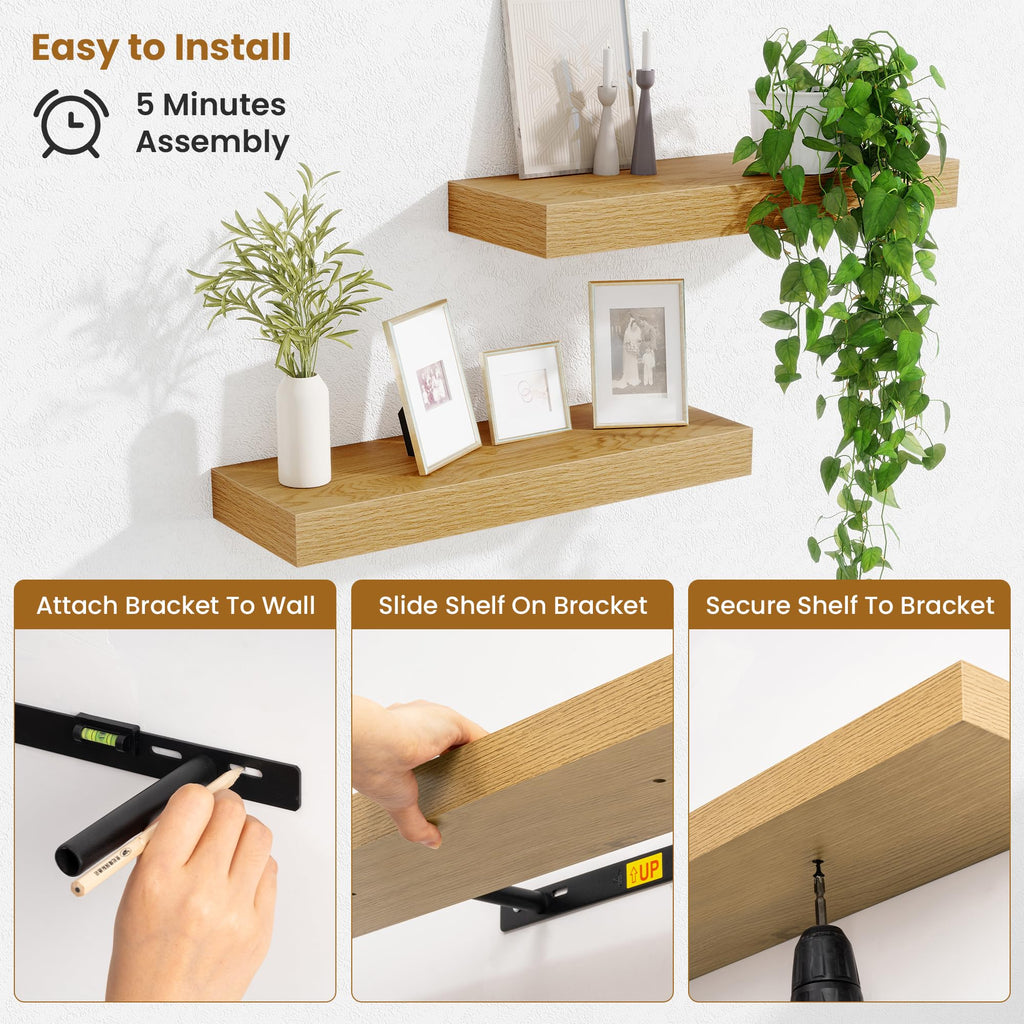 Floating Shelves Bathroom for Wall Mounted Shelves, 20 Inch Wood Shelf Set of 2, Home Storage & Display Decor, Oak
