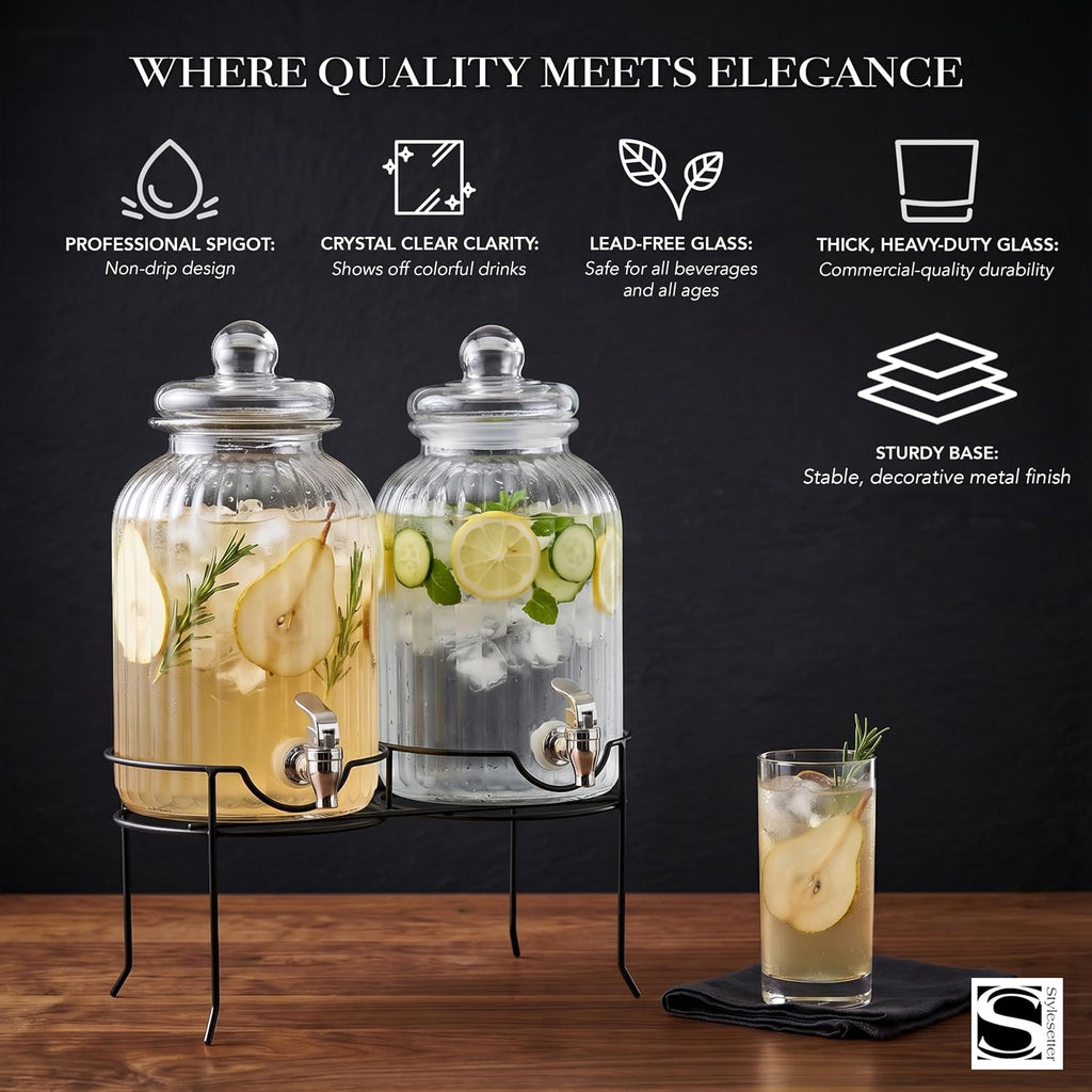 Canyon Beverage Dispenser Cold Drink Dispenser w/ 1.3-Gallon Capacity each Glass Jug, Metal Rack & - Set of 2