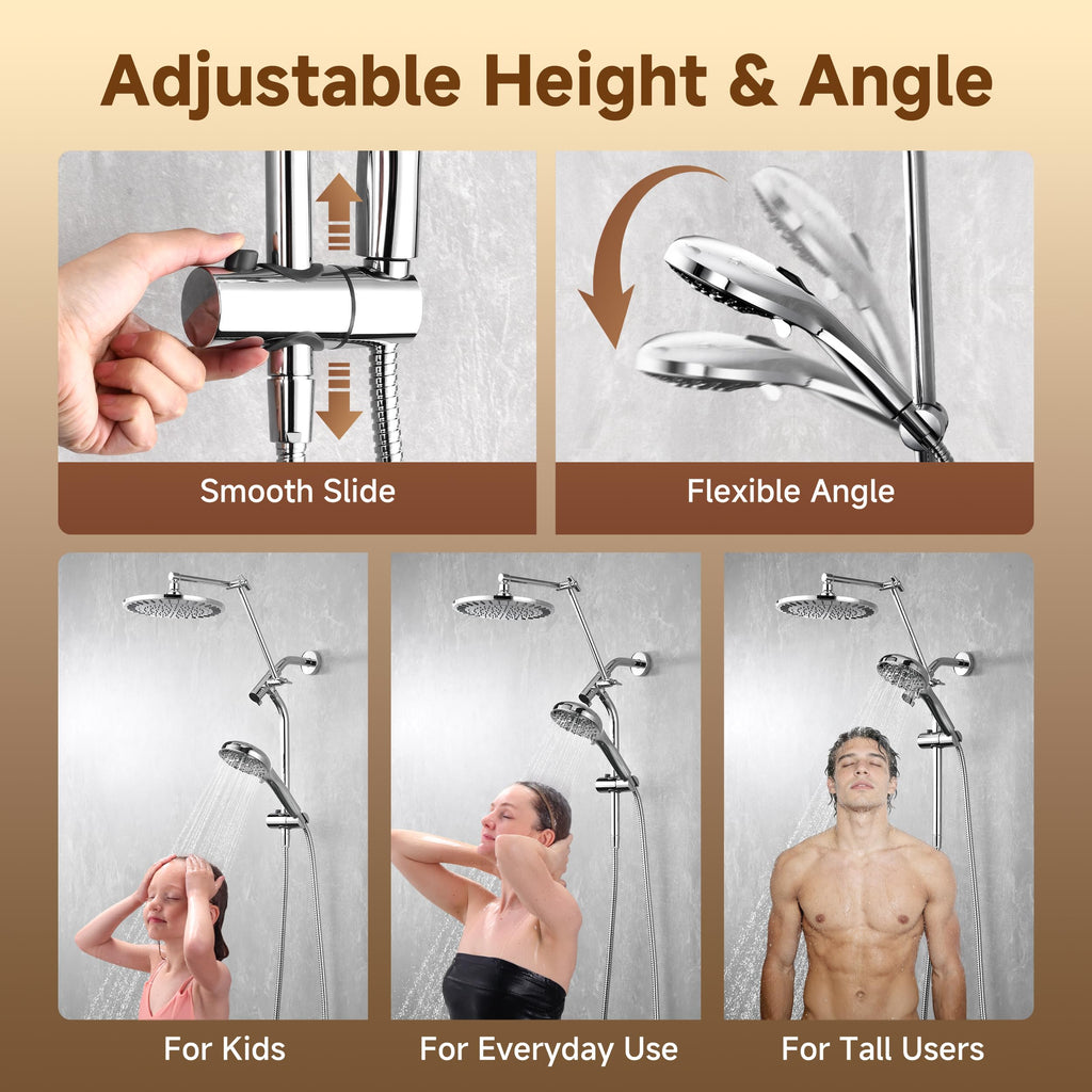 Rain Shower System with Handheld, High Pressure Dual Shower Head Combo, 9-Spray Modes, Adjustable Slide Bar &