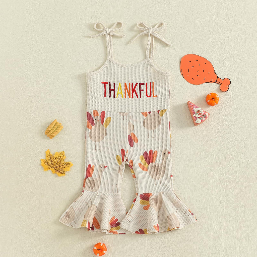 Toddler Baby Girl Thanksgiving Outfit Turkey Jumpsuit Spaghetti Strap Jolly Romper Bell Bottoms Outfits (Thankful