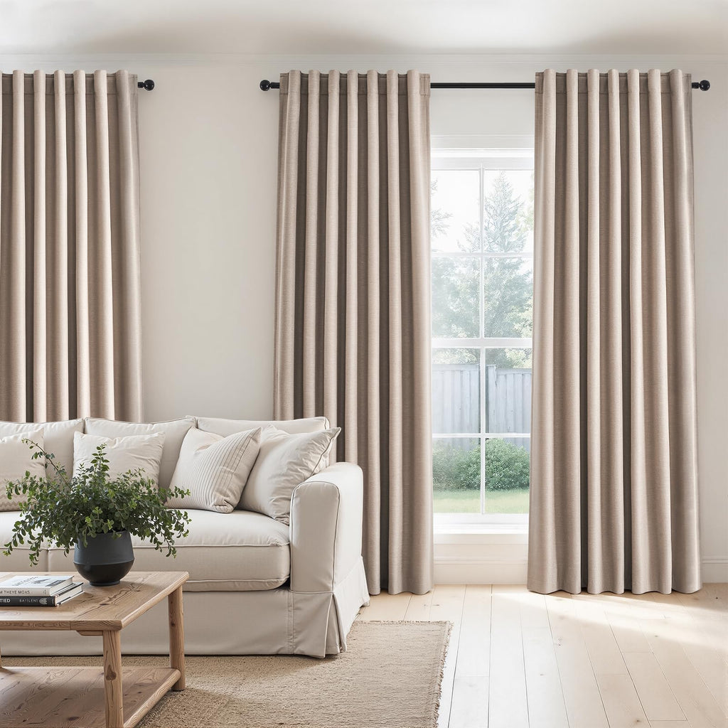 90 inch long linen Blackout curtains 2 Panels 100% Black out Linen texture Curtain Window Drapes with Back Tab Rod