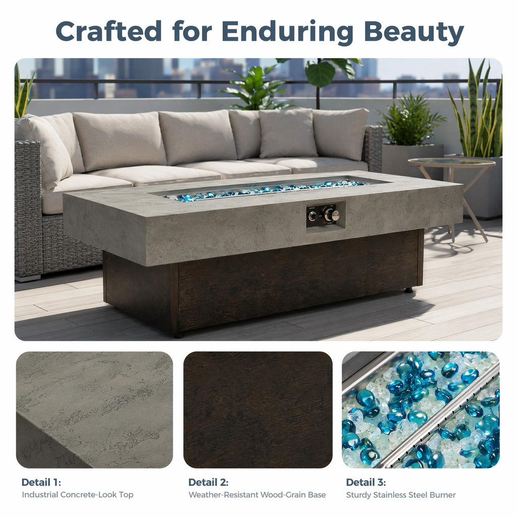 56" Propane Fire Pit Table, 50, 000 BTU, 3 Heights, Cement Grey